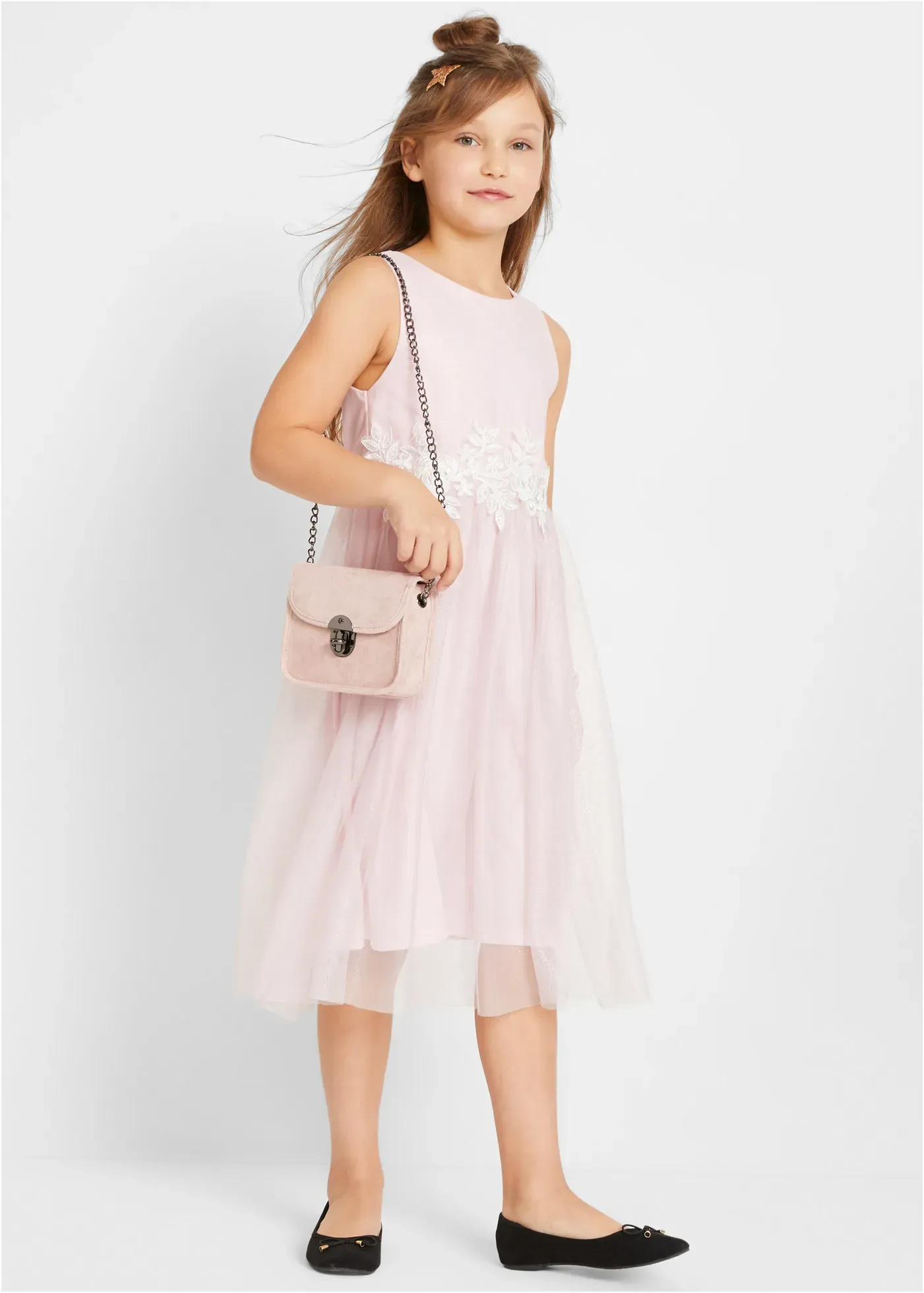 Midikleid BONPRIX, Mädchen, Gr. 170, N-Gr, lila (rosa, weiß), Obermaterial: 100% Polyester. Futter: 100% Polyester, unifarben mit Farbeinsatz, festlich, regular fit, Rundhals, Kleider Midikleid, festlicher Stil, aus Polyester, Regular Fit