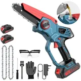 AeroAxis Akku-Kettensäge 6 Zoll 800W Bürstenlose Elektro-Kettensäge mit 2 x 2000mAh Akku, 15 cm Schwertlänge, Set, Anti-Vibrationssystem, Handschutz, 1500r/min, Handkettensäge für Gartenscheren Holzschneidenz blau|rot