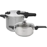 JATA Home HOLL2547 Express-Schnellkochtopf, 4 l + 7 l, Edelstahl, SUS304, Induktion, 2 Druckstufen, Dreifach-Sicherheitssystem, Glasdeckel, Diffusorboden