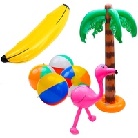 7PCS Aufblasbar Spielzeug Set, Aufblasbar Palme Baum Flamingos Spielzeuge Wasserball, Badeball & Schwimmball, Aufblasbare Banane Rosa Aufblasbare Flamingos für Luau Party Dekor Strand Deko