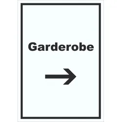 Garderobe Schild mit Text Richtungspfeil rechts Kleidung aufbewahren hochkant A3 (297x420mm)
