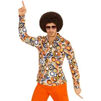 MIMIKRY 70er Jahre Retro Hemd mit Bubbles Muster Disco Herren Kostüm Siebziger Schlager Herrenhemd, Größe:S/M
