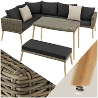 tectake® Aluminium Poly Rattan Lounge, Gartenmöbel Set mit Ecksofa, Bank und Tisch, Sitzgruppe für Garten Balkon Terrasse, Balkonmöbel Sofa Garnitur mit dicken Polstern, mit Zierkissen - Natur