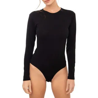 Avely Damen Body langarm l Basic Body aus Baumwolle mit Rundhals l Bodysuit für Frauen l Jupsuit l Overall l Blusenbody schwarz XS