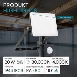 LUXULA LED Außenstrahler Aluminium 20 W 4000 K 2000 lm inkl. Bewegungsmelder schwarz