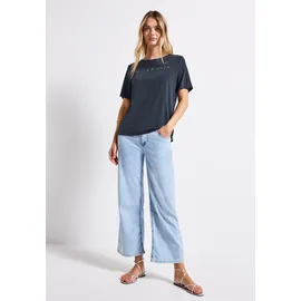 STREET ONE T-Shirt STREET ONE, Damen, Gr. 34, blau (deepwater blau), Stoff, 70% Modal, 30% Polyester, unifarben, normal normal, Rundhals, abgesteppt, Shirts T-Shirt, mit Wording