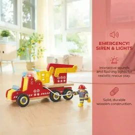 HaPe Feuerwehrauto mit Sirene - mit Feuerwehrmann-Figur, Spielzeugauto, Feuerwehrauto mit drehbarer Leiter & Zubehör, aus Holz, Rollenspielzeug für Kinder ab 2 Jahren