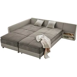 luma-home Ecksofa-Dauerschläfer, Doppelbett 306/223/95 cm Boxspring Federkern Ecksofa 306x223 Dauerschläfer, Bettkasten, Regal, Schwenkteil rechts, Kunstleder Beige+Mikrofaser Grau Braun, Beige