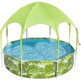 BESTWAY Steel Pro Frame Pool mit Sonnenschutzdach "Splash-in-Shade" ohne Pumpe Ø 244 x 51 cm buntes Obst-Design, rund