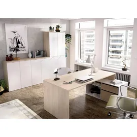 Dmora Schreibtisch Gardena, Mehrzweckschreibtisch für Büro oder Schlafzimmer, Mehrzweck-Ecktisch, 139 x 92 x 75 cm, Weiß und Eiche