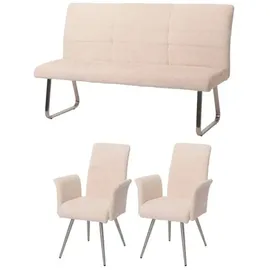 MCW Esszimmer-Set MCW-G55, 2er-Set Stuhl mit Armlehne+Sitzbank 160cm, Edelstahl gebürstet Stoff/Textil Chenille ~ creme
