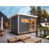 Sauna Außensauna Gartensauna Saunahaus Outdoorsauna Pultdach Grau mit Vorraum