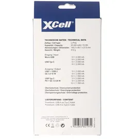 XCell Powerbank X20000PD mit 20.000mAh Kapazität, USB-C PD3.0, Quick-Charge, LED-Display, 2x USB-Ausgang 1x USB-C-Ausgang