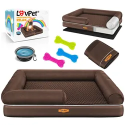 LovPet® Orthopädisches Hundebett Hundekissen Hundekorb Relax, Inkl. Napf + 3X Kauknochen, Hundesofa für Kleine, Mittelgroße & Große Hunde, Bezug abnehmbar und waschbar