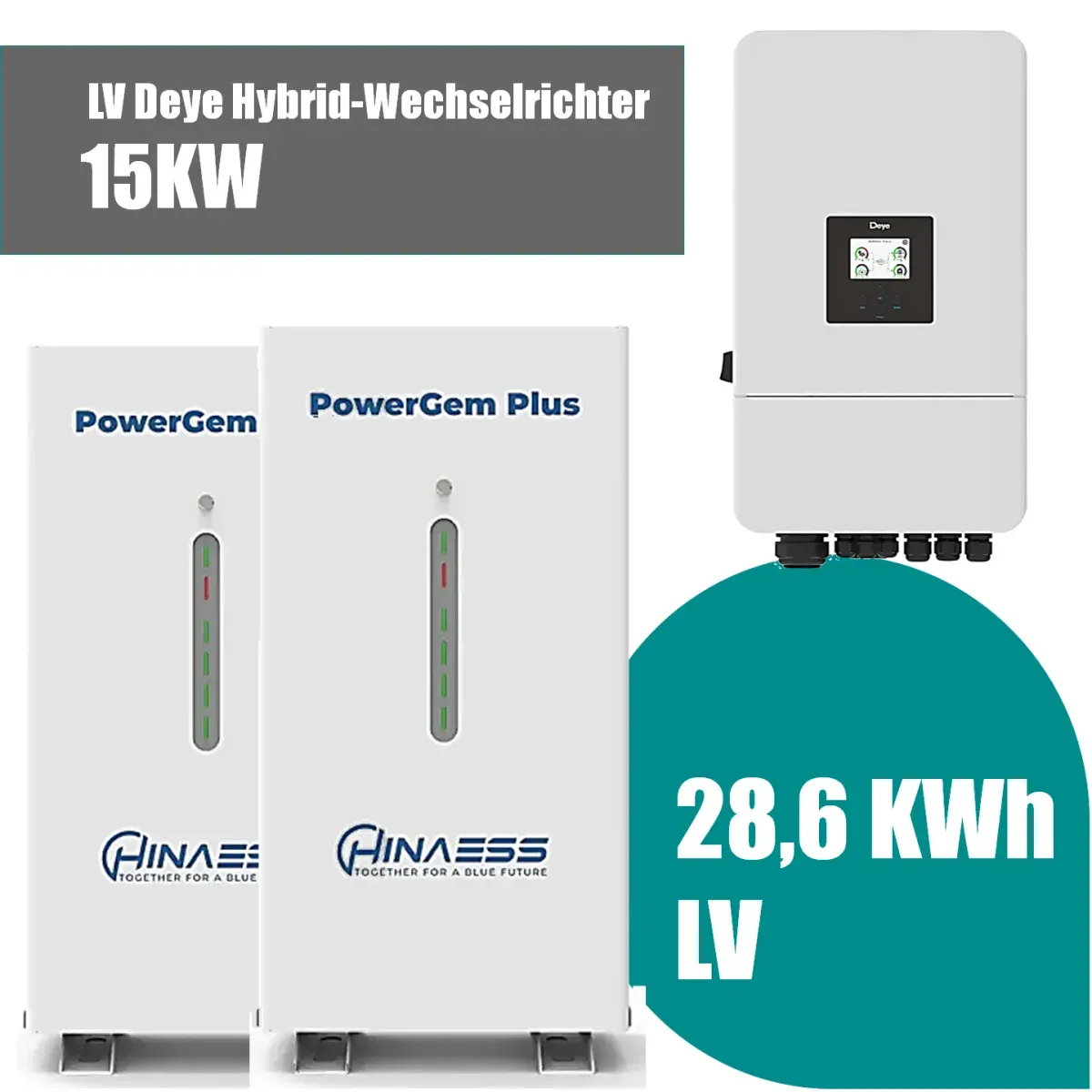 Deye Komplettset 15 kW Hybridwechselrichter (Deye SUN-15K-SG05LP3-EU-SM2) & HINAESS PowerGem Plus Niederspannung Batteriespeicher, 28.6kWh - 0% MwSt. (gem. § 12 Abs. 3 UStG)