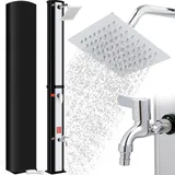Solardusche, Solar Gartendusche 40 Liter inkl. 360° Duschkopf, Wasserhahn, Gartenschlauch-Anschluss & Schutzhaube, Pooldusche Camping, warmes Wasser, bis 60°C, ohne Stromanschluss, Silber-Schwarz