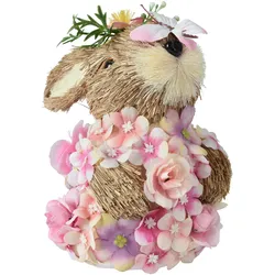 Decoris Dekofigur 15cm Osterhase Strohfigur Blumen Dekohase Osterdeko Tischdeko Ostern Frühlingsdeko Osterschmuck Stroh Hase Figur Geschenk Natur Braun Rosa