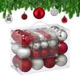 Relaxdays Weihnachtskugeln 50er Set, Weihnachtsdeko, matt, glänzend, glitzernd, Christbaumkugel ∅ 3, 4 & 6cm, Silber/rot