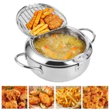 Japanischer Edelstahl-Frittiertopf,Tempura-Fritteuse mit Sieb, Thermometer und Deckel, 2,2L Mini-Öl-Fritteuse (Deep Fryer) für die Küche – ideal für Pommes Frites, Hähnchenflügel und Garnelen (20 cm)