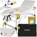 tectake Massageliege 3 Zonen Kosmetikliege mit 5cm Polsterung und Aluminiumgestell (Set, 1-St., mit Tragetasche), klappbar und höhenverstellbar, verstellbare Ablagen für Kopf und Arme weiß inklusive Tragetasche und 15 Einwegtücher | 103,00 cm x 212,00 cm x 90,00 cm