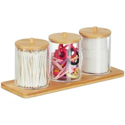 Relaxdays Wattestäbchenbehälter mit Tablett, 3 Becher m. Deckel, Kosmetik Organizer Kunststoff/Bambus, transparent/natur