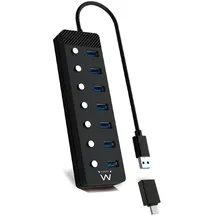 ewent EW1147 Hub USB 3.2 Gen1, Concentrador USB, USB Splitter, 7 Puertos con interruptores Encendido/Apagado Individuales y Indicadores LED, con Cable de 1,2m, con Alimentación Adaptador 5V/3A, Negro