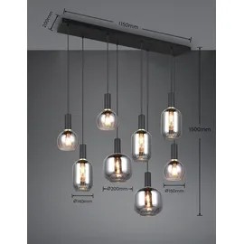 Trio Leuchten Pendelleuchte Diva 319800832, Metall Schwarz matt, Glas Chrom bedampft, exkl. 8x E27