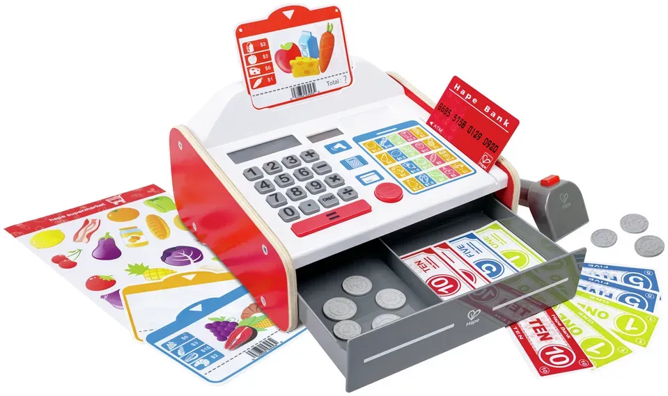 Hape Spielzeugkasse mit Sound Elektronische Kinderspielkasse Set 23 Teile - Braun, Bambus, Rot - Lichteffekt, Spielgeld, pädagogisch