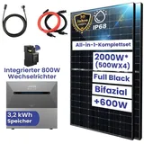 TerraLumen Solaranlage 2000W Bifizial Komplettset mit Speicher 3,2 kWh Anker Solix All in one, 2000,00 W, Monokristallin, (4x 500W Bifazial Module Plug & Play, 3,2 kWh Anker SOLIX Solarbank E1600 PRO Smarter Zähler Ohne Halterung), Integriertem 800W Wechselrichter und APP & WiFi Einrichtungen