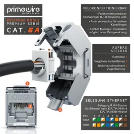 Primewire 8x Netzwerk-Adapter RJ-45 (Ethernet), Buchse zu Netzwerkkabel, CAT.6a Keystone Modul für LAN Kabel, RJ45 Buchse, feldkonfektionierbar