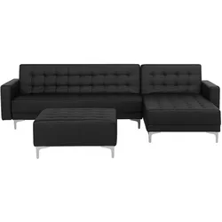 Schlafsofa Kunstleder schwarz linksseitig mit Ottomane ABERDEEN