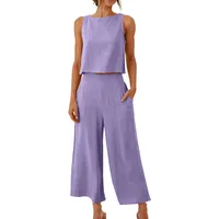 KDEIHT Musselin Hosenanzug Damen Sommer Zweiteiler Tank Top und Hose 2 Teiler Elegant Hosenanzüge Baumwolle Leinen Jogginganzug Elegant Outfit Business Casual Anzug - L
