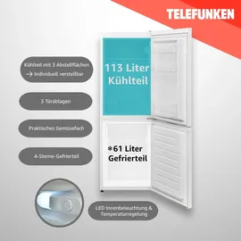 Telefunken Kühl-Gefrierkombination Kühlschrank groß mit Gefrierfach 174 Liter Nutzinhalt freistehend