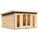 Karibu Saunahaus Mainburg 3 mit Vorraum - 38 mm naturbelassen Set C (Sauna B 1,34 x T 1,34 m mit 2 Liegen 57/52 cm) Ohne Ofen