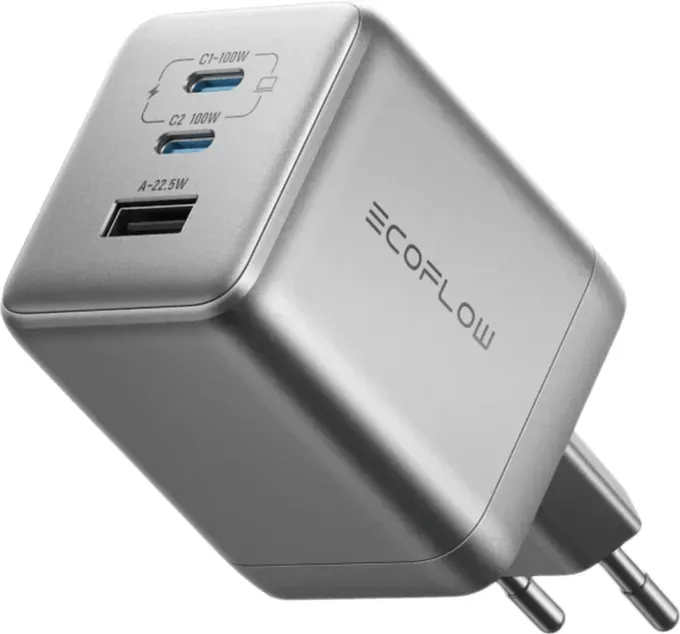 EcoFlow 3-in-1 Ladegerät USB-C 100 W, Stromversorgung mit 3 Anschlüssen, GaN-Schnellladegerät, kompatibel mit iPhone 17/16/15/14-Serien, Samsung, MacBook, iPad und mehr, 2 USB-C- und 1 USB-A-Anschluss