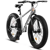 CARPAT SPORT Fatbike Fatbike 26 x 4.0 Zoll Fat Tire MTB, geeignet ab 170cm, 7 Gang Shimano, Kettenschaltung, mechanische Scheibenbremse, Mountainbike Fahrrad Bike für Damen Herren grau