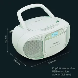 Medion E66476 Stereo Sound System (Boombox, CD-Player, MP3, Kassette, tragbarer Kassettenspieler für Kinder, UKW Radio, AUX, Kopfhörer, Netz & Batterie) grün