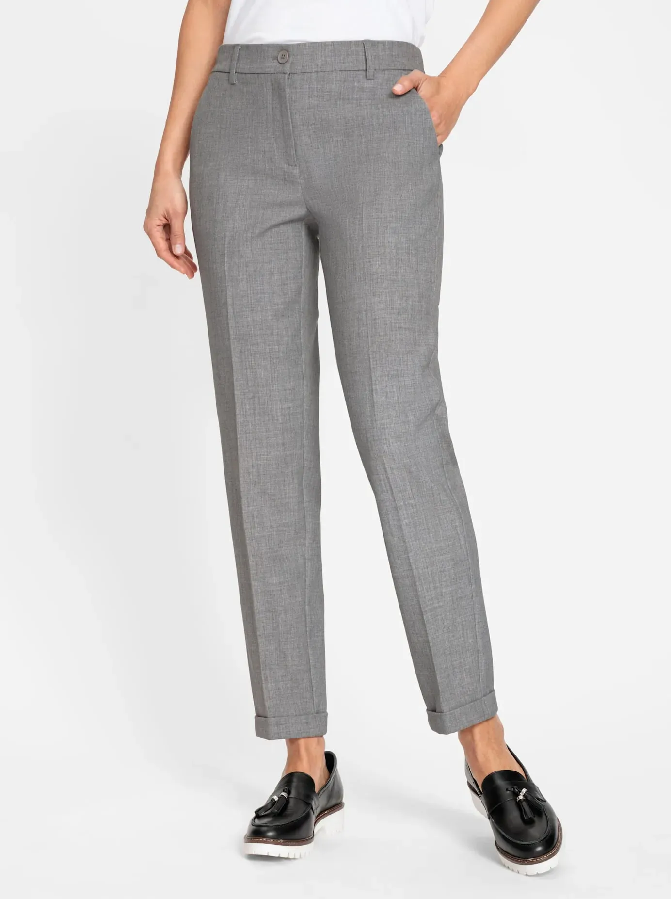 Bügelfaltenhose INSPIRATIONEN, Damen, Gr. 52, Normalgrößen, grau (hellgrau, meliert), 63% Polyester, 33% Viskose, 4% Elasthan, unifarben, Hosen