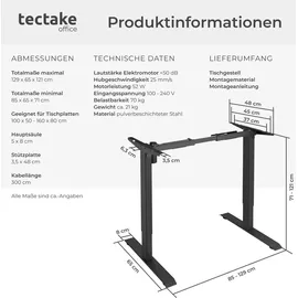 Tectake Tischgestell elektrisch höhenverstellbar 85 - 129 x 65 x 71 - 121 cm