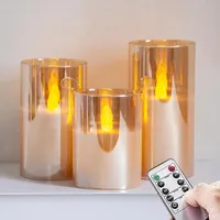 Vtobay Glasgold flammenlose LED-Kerzen mit Fernbedienung und Timerfunktion, batteriebetriebene flackernde Stumpenkerzen (7,5x10,12,5,15cm, 3er-Pack)