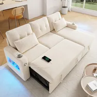 Merax Sofa Ecksofa mit Schlaffunktion und Bettkasten, Praktisches Schlafsofa mit Stauraum, LED-Beleuchtung, USB/Typ-C und 2 Getränkehalter, Ausziehbares Schlafcouch L-Form, Chenille Stoff, Beige