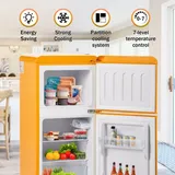 Retro-Kühlschrank. Gefrierkombination. 86,8 cm hoch, 45,5 cm mit 60 Liter Gesamtvolumen, 22 Liter Gefriervolumen. 163 kWh/Jahr, -27°C ∽