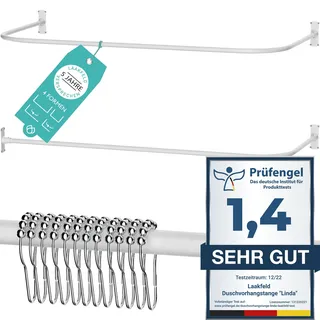 LAAKFELD Duschvorhangstange L Form & Duschstange U Form 4 in 1 System inkl. 12 Ringe - Stabile Winkelstange Duschvorhang ohne Deckenhalterung - Duschstange Ecke Rostfrei - Duschvorhangstange Badewanne & Dusche