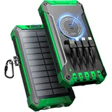 Solar Powerbank 26800mAh mit 4 Kabeln, Wireless Solar Powerbank USB-C 15W Schnellladung 6 Ausgänge 3 Eingänge für Handy Tablets, Wasserdichtes Solar Ladegerät Externer Akku mit Taschenlampe, Karabiner