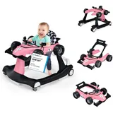 COSTWAY 4 in 1 Lauflernhilfe, Lauflernwagen klappbar mit einstellbarer Höhe & Geschwindigkeit, Baby Walker Autoförmig mit Musikbox, Licht & Rädern, Gehfrei Baby ab 6 Monaten, 12kg Belastbar (Pink)