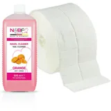 NAILS FACTORY | N&BF Nagel Cleaner Set mit Duft 500ml + 1000 Zelletten Cellulose Pads (2 Rollen à 500 Stück) - 70% Isopropanol-Alkohol – für Gelnägel – Nagelreiniger – in Studioqualität (Orange)