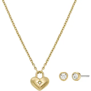Ohrring und Ketten Set FOSSIL "Mulitpack Schmuck Geschenk Edelstahl JEWELRY", gold (gelbgoldfarben, kristallweiß, kristallweiß), Schmuck_Sets, Damen, Edelstahl, glitzernd, glänzend, mit Glasstein
