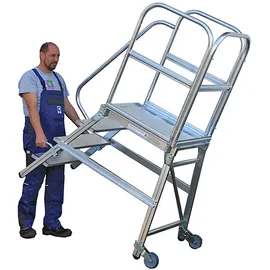 Günzburger Steigtechnik Podesttreppe einseitig begehbar mit Rollen und Griffen Stahl-Gitterrost 5 Stufen
