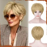 Sofeiyan Kurze Pixie-Cut-Perücke,Hitzebeständige und Natürlich Damen Perücken mit Pony,23 cm Blond Mehrschichtige Kunsthaarperücke,Geeignet für den Alltag und Partys