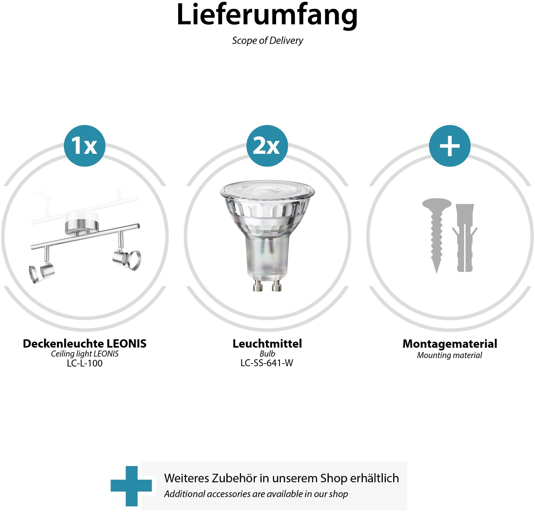 ledscom.de Deckenleuchte LEONIS, zweiflammig, inkl. 2x LED GU10 Lampen (weiß, 10,6W, je 504lm, 50°)